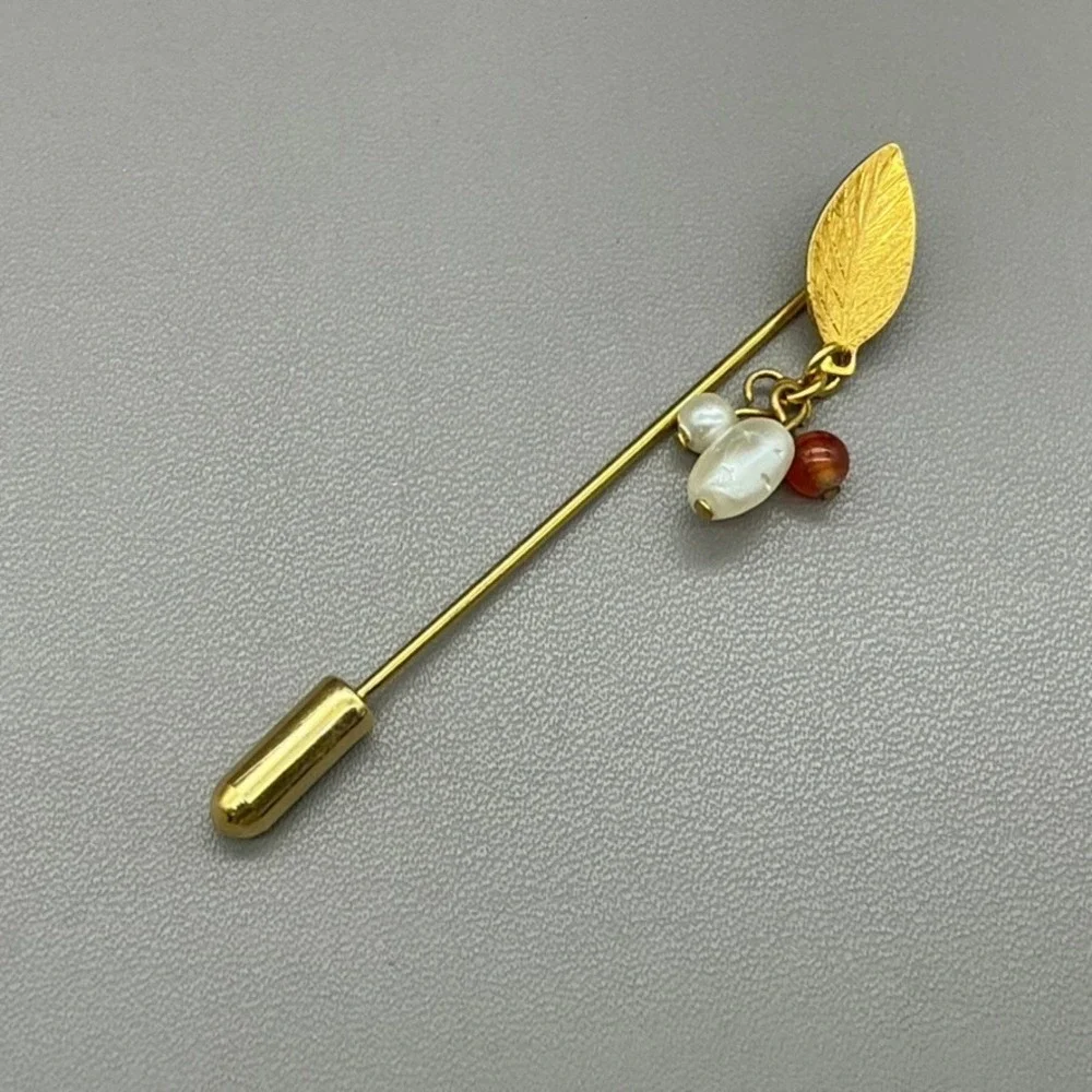 Stick Pin Women Gold Tone Leaf Faux Pearl Red Bead Dangle Vintage Lapel 2.5 Inch